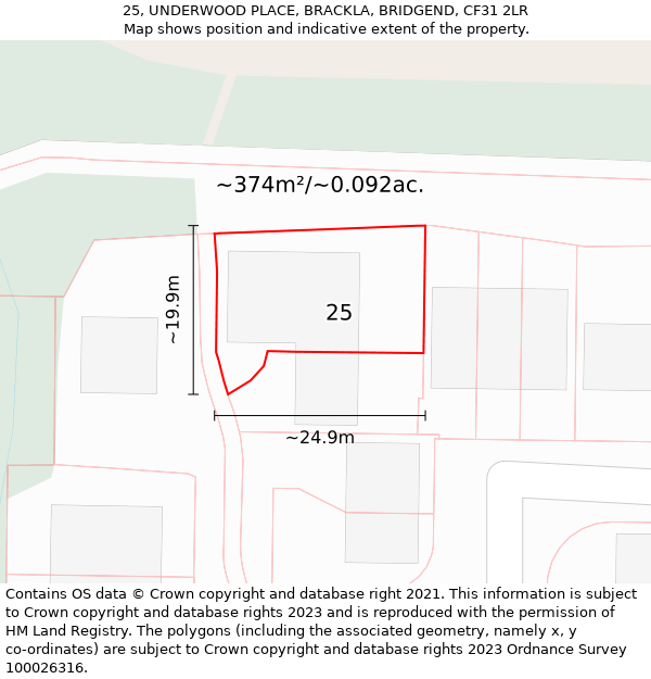 25, UNDERWOOD PLACE, BRACKLA, BRIDGEND, CF31 2LR: Plot and title map