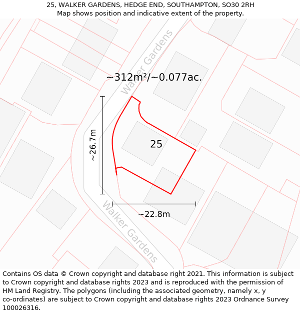 25, WALKER GARDENS, HEDGE END, SOUTHAMPTON, SO30 2RH: Plot and title map