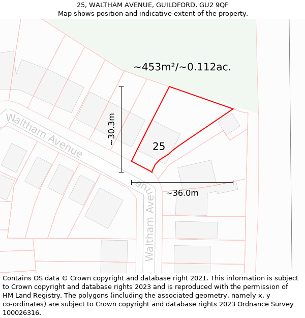 25, WALTHAM AVENUE, GUILDFORD, GU2 9QF: Plot and title map