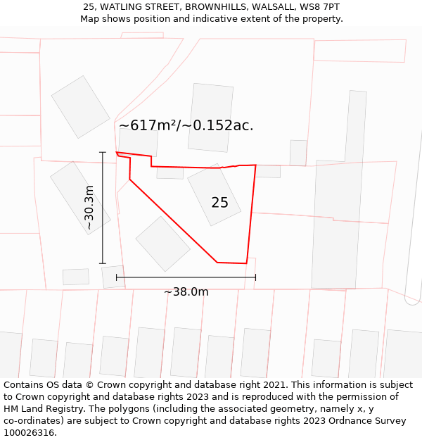 25, WATLING STREET, BROWNHILLS, WALSALL, WS8 7PT: Plot and title map