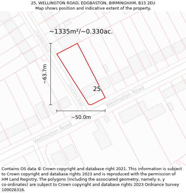 25, WELLINGTON ROAD, EDGBASTON, BIRMINGHAM, B15 2EU: Plot and title map