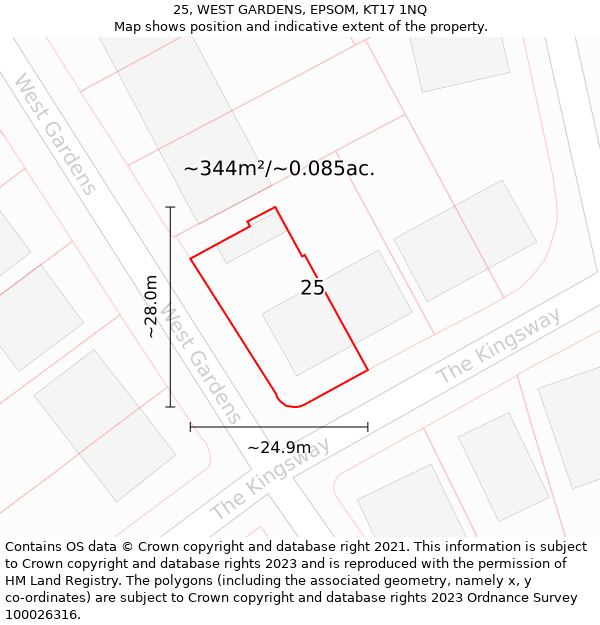 25, WEST GARDENS, EPSOM, KT17 1NQ: Plot and title map