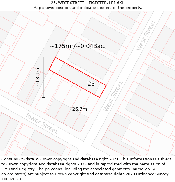 25, WEST STREET, LEICESTER, LE1 6XL: Plot and title map