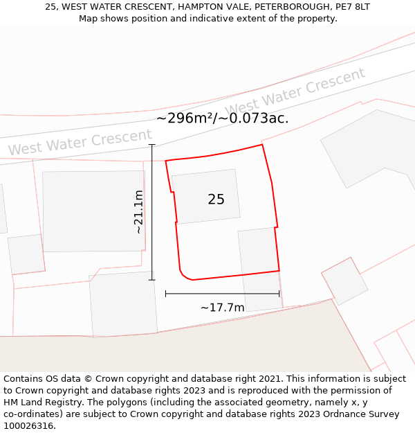 25, WEST WATER CRESCENT, HAMPTON VALE, PETERBOROUGH, PE7 8LT: Plot and title map