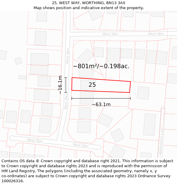 25, WEST WAY, WORTHING, BN13 3AX: Plot and title map