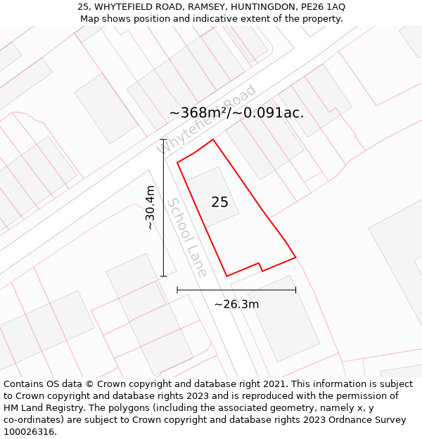 25, WHYTEFIELD ROAD, RAMSEY, HUNTINGDON, PE26 1AQ: Plot and title map