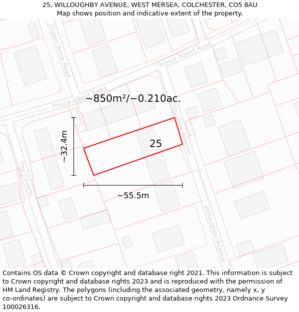 25, WILLOUGHBY AVENUE, WEST MERSEA, COLCHESTER, CO5 8AU: Plot and title map