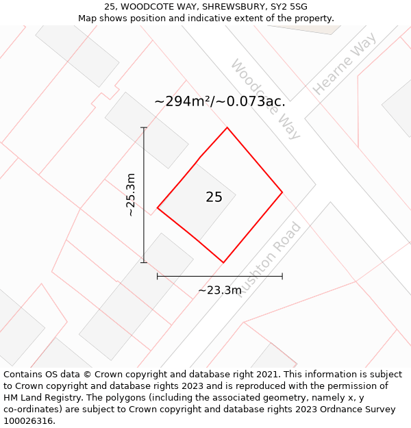25, WOODCOTE WAY, SHREWSBURY, SY2 5SG: Plot and title map