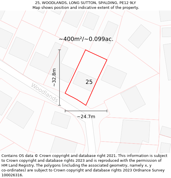 25, WOODLANDS, LONG SUTTON, SPALDING, PE12 9LY: Plot and title map