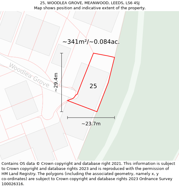 25, WOODLEA GROVE, MEANWOOD, LEEDS, LS6 4SJ: Plot and title map