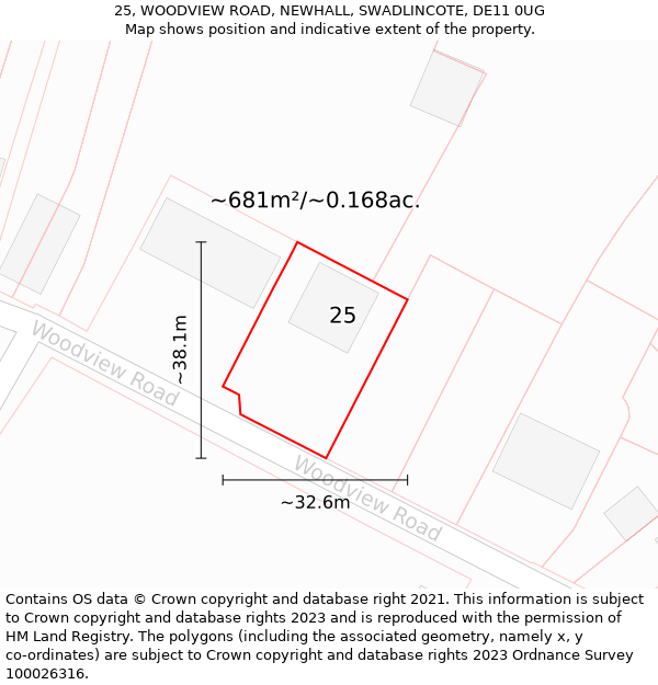 25, WOODVIEW ROAD, NEWHALL, SWADLINCOTE, DE11 0UG: Plot and title map