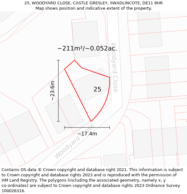 25, WOODYARD CLOSE, CASTLE GRESLEY, SWADLINCOTE, DE11 9HR: Plot and title map