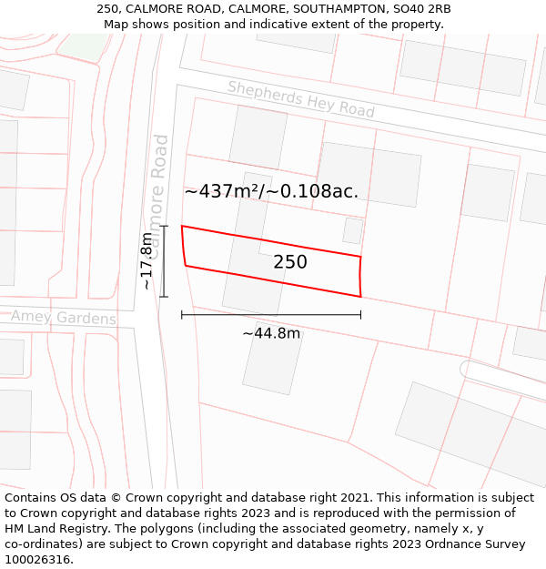 250, CALMORE ROAD, CALMORE, SOUTHAMPTON, SO40 2RB: Plot and title map