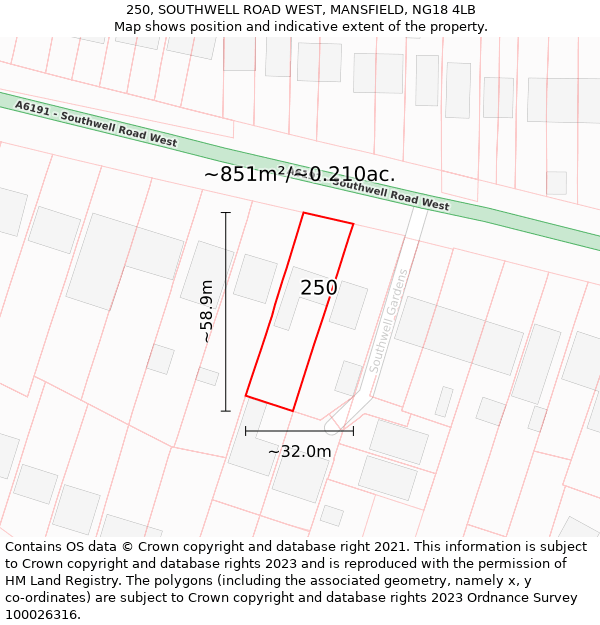 250, SOUTHWELL ROAD WEST, MANSFIELD, NG18 4LB: Plot and title map