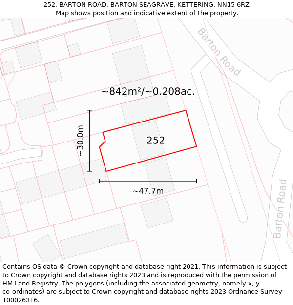 252, BARTON ROAD, BARTON SEAGRAVE, KETTERING, NN15 6RZ: Plot and title map