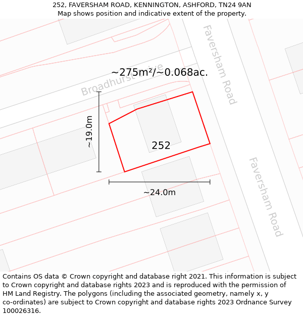 252, FAVERSHAM ROAD, KENNINGTON, ASHFORD, TN24 9AN: Plot and title map