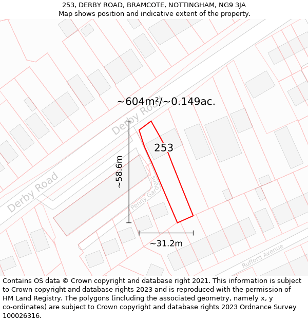 253, DERBY ROAD, BRAMCOTE, NOTTINGHAM, NG9 3JA: Plot and title map