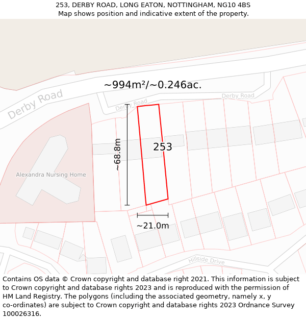 253, DERBY ROAD, LONG EATON, NOTTINGHAM, NG10 4BS: Plot and title map