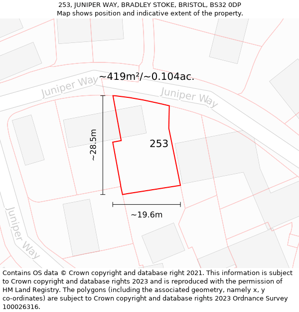 253, JUNIPER WAY, BRADLEY STOKE, BRISTOL, BS32 0DP: Plot and title map