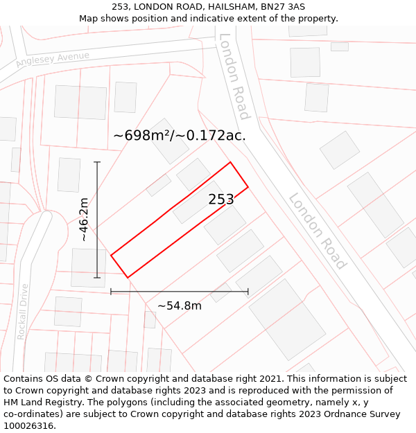 253, LONDON ROAD, HAILSHAM, BN27 3AS: Plot and title map