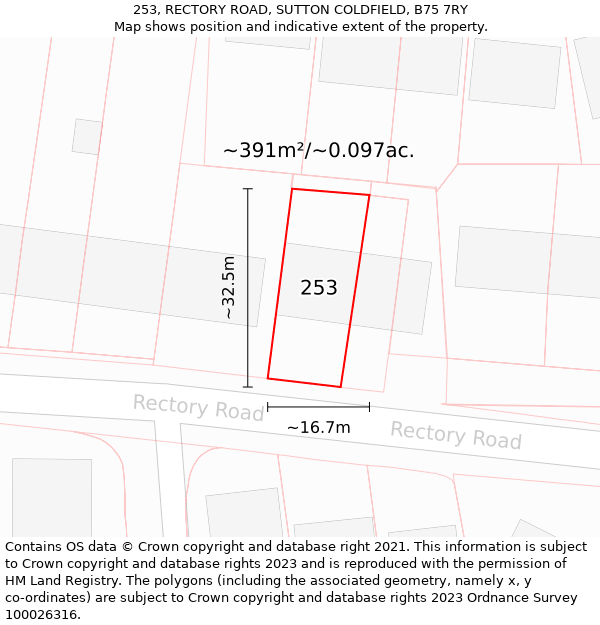 253, RECTORY ROAD, SUTTON COLDFIELD, B75 7RY: Plot and title map