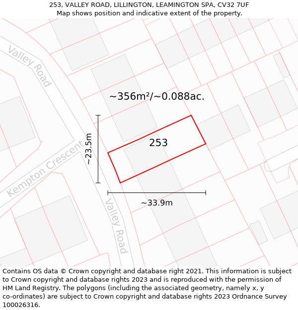 253, VALLEY ROAD, LILLINGTON, LEAMINGTON SPA, CV32 7UF: Plot and title map