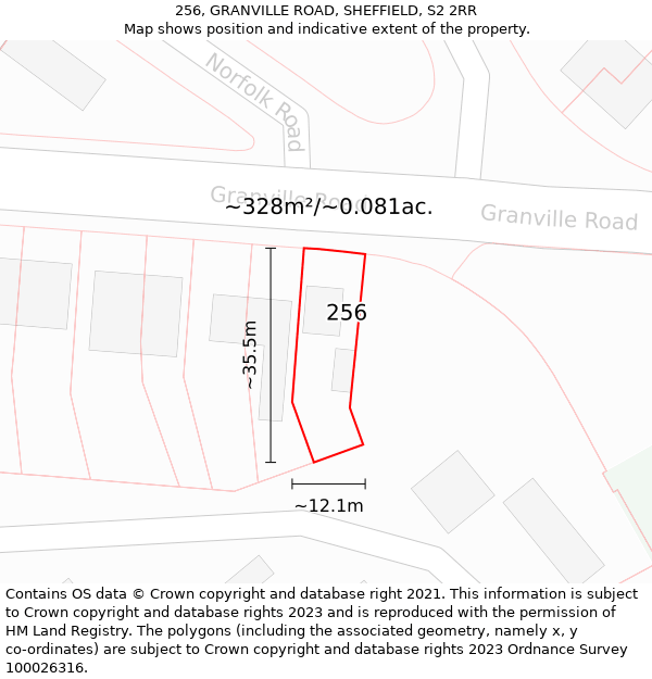 256, GRANVILLE ROAD, SHEFFIELD, S2 2RR: Plot and title map