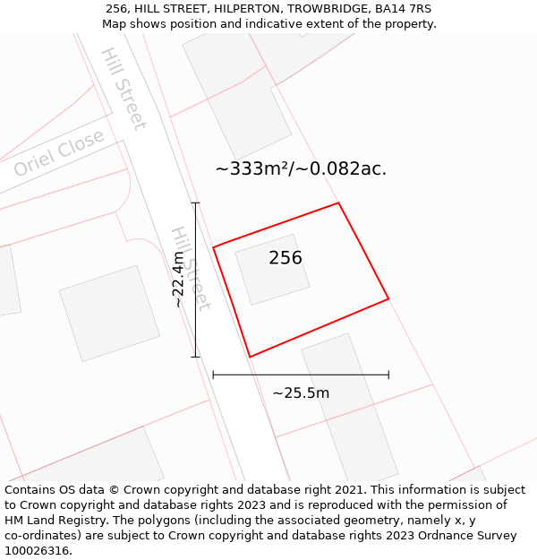 256, HILL STREET, HILPERTON, TROWBRIDGE, BA14 7RS: Plot and title map