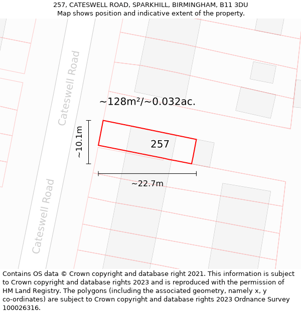 257, CATESWELL ROAD, SPARKHILL, BIRMINGHAM, B11 3DU: Plot and title map