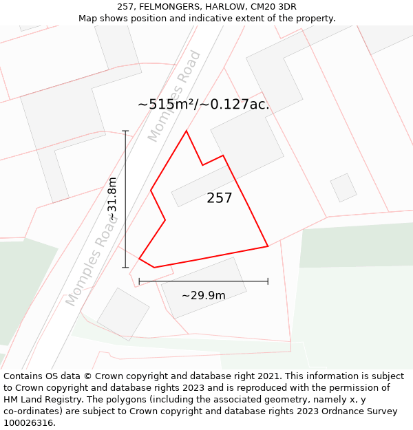 257, FELMONGERS, HARLOW, CM20 3DR: Plot and title map
