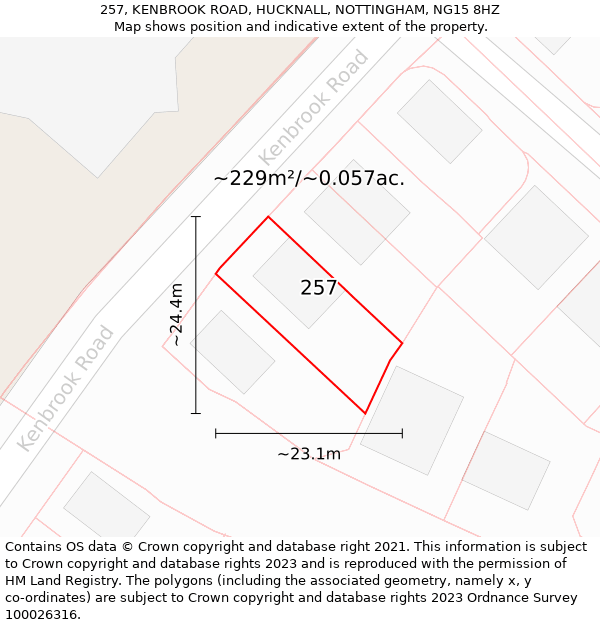 257, KENBROOK ROAD, HUCKNALL, NOTTINGHAM, NG15 8HZ: Plot and title map