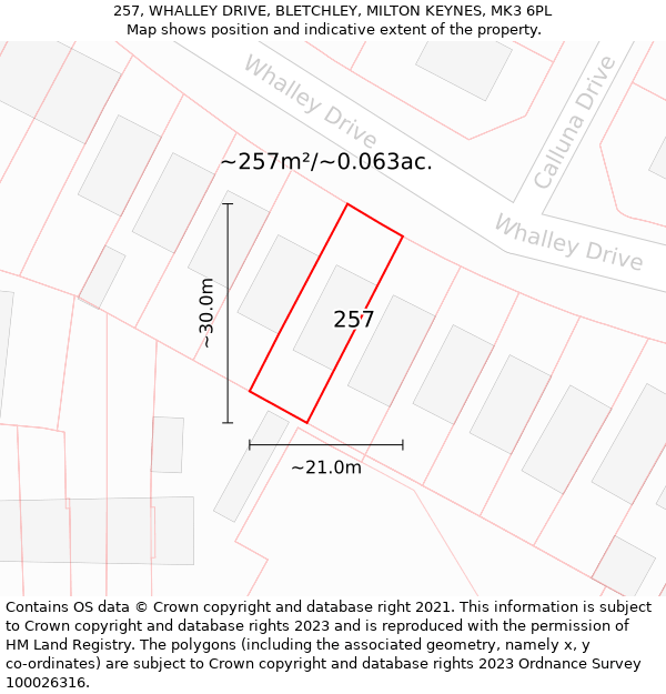 257, WHALLEY DRIVE, BLETCHLEY, MILTON KEYNES, MK3 6PL: Plot and title map