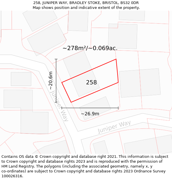 258, JUNIPER WAY, BRADLEY STOKE, BRISTOL, BS32 0DR: Plot and title map