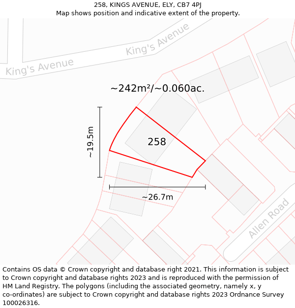 258, KINGS AVENUE, ELY, CB7 4PJ: Plot and title map