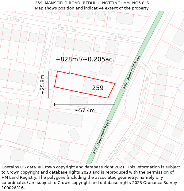 259, MANSFIELD ROAD, REDHILL, NOTTINGHAM, NG5 8LS: Plot and title map