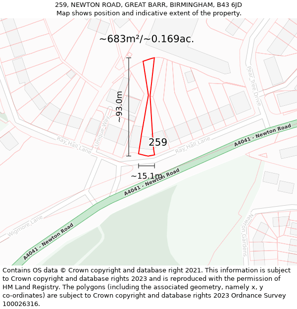 259, NEWTON ROAD, GREAT BARR, BIRMINGHAM, B43 6JD: Plot and title map