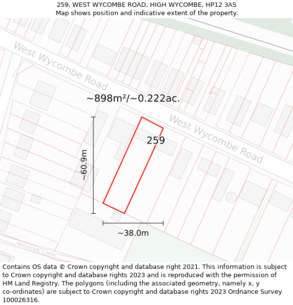 259, WEST WYCOMBE ROAD, HIGH WYCOMBE, HP12 3AS: Plot and title map