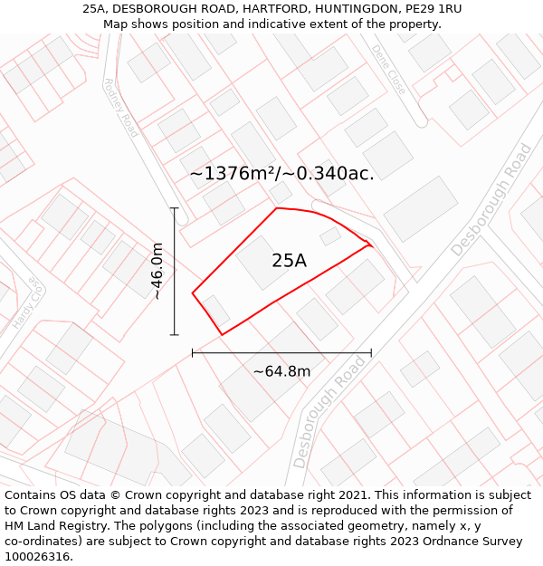 25A, DESBOROUGH ROAD, HARTFORD, HUNTINGDON, PE29 1RU: Plot and title map