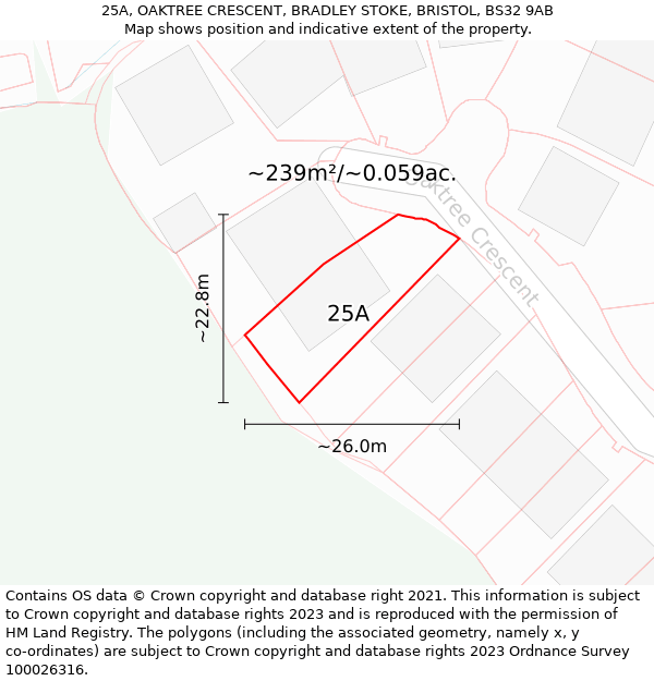 25A, OAKTREE CRESCENT, BRADLEY STOKE, BRISTOL, BS32 9AB: Plot and title map