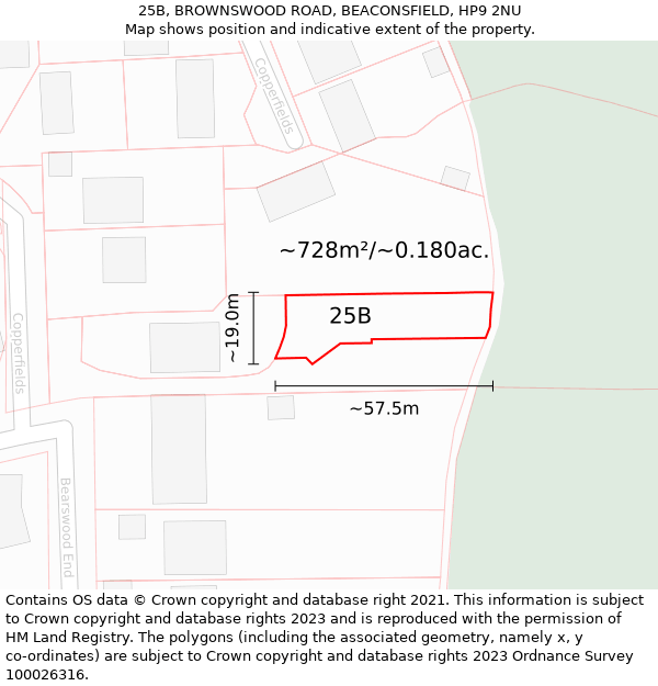 25B, BROWNSWOOD ROAD, BEACONSFIELD, HP9 2NU: Plot and title map