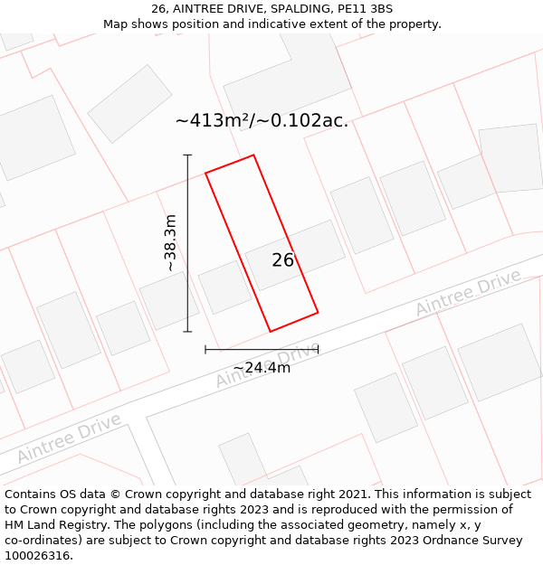 26, AINTREE DRIVE, SPALDING, PE11 3BS: Plot and title map