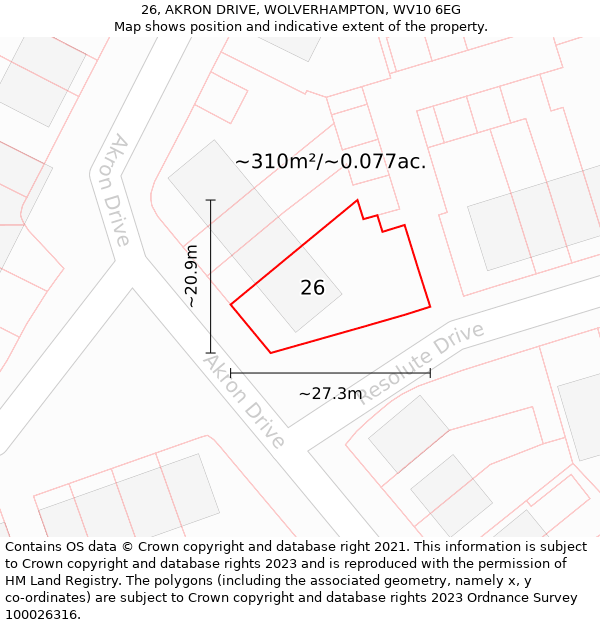 26, AKRON DRIVE, WOLVERHAMPTON, WV10 6EG: Plot and title map