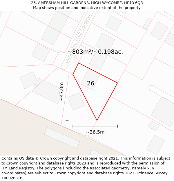 26, AMERSHAM HILL GARDENS, HIGH WYCOMBE, HP13 6QR: Plot and title map