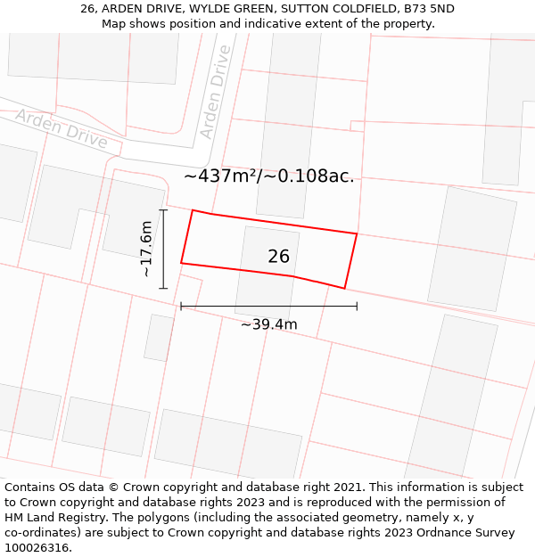 26, ARDEN DRIVE, WYLDE GREEN, SUTTON COLDFIELD, B73 5ND: Plot and title map