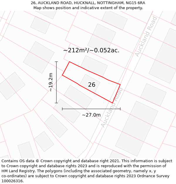 26, AUCKLAND ROAD, HUCKNALL, NOTTINGHAM, NG15 6RA: Plot and title map