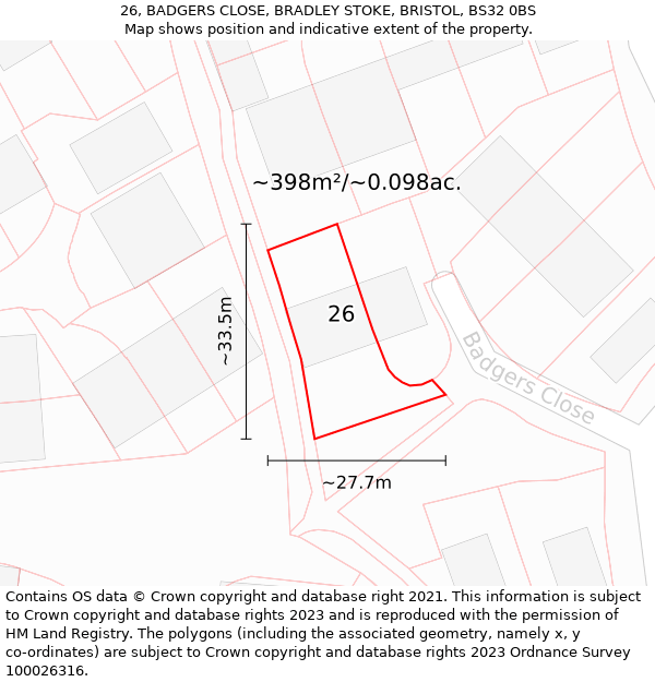 26, BADGERS CLOSE, BRADLEY STOKE, BRISTOL, BS32 0BS: Plot and title map