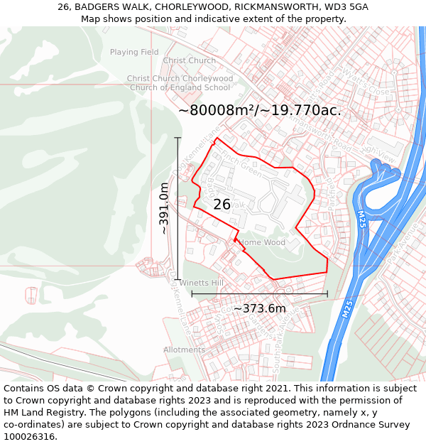 26, BADGERS WALK, CHORLEYWOOD, RICKMANSWORTH, WD3 5GA: Plot and title map