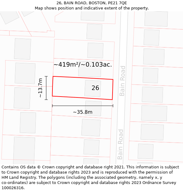 26, BAIN ROAD, BOSTON, PE21 7QE: Plot and title map