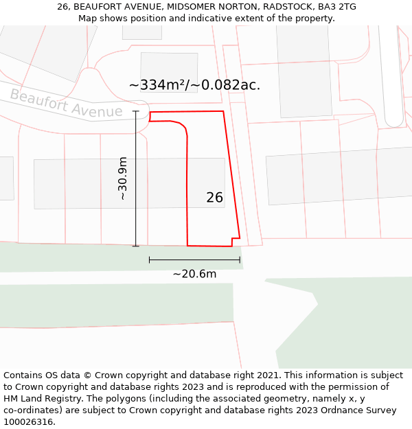 26, BEAUFORT AVENUE, MIDSOMER NORTON, RADSTOCK, BA3 2TG: Plot and title map