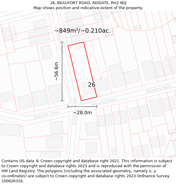 26, BEAUFORT ROAD, REIGATE, RH2 9DJ: Plot and title map